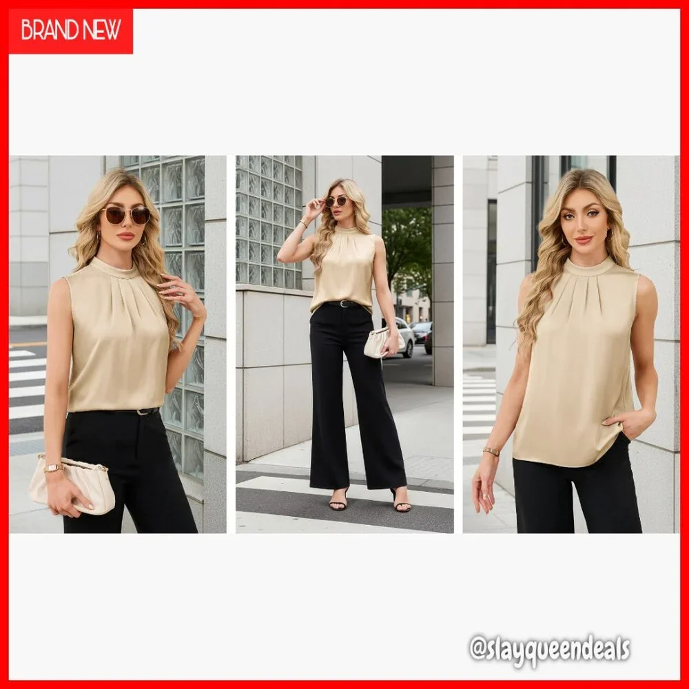 Silk Satin Pleated Mock Neck Tank Top Blouse Business Casual - Picture 7 of 7